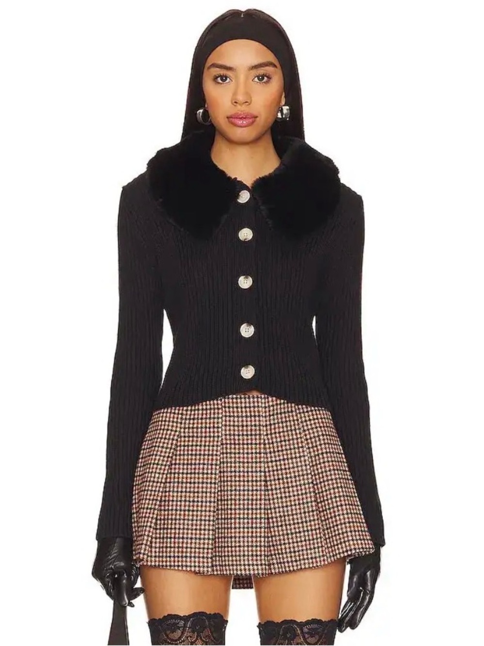 Central Park West Delilah Black Ribbed Faux Fur Cardigan XS
